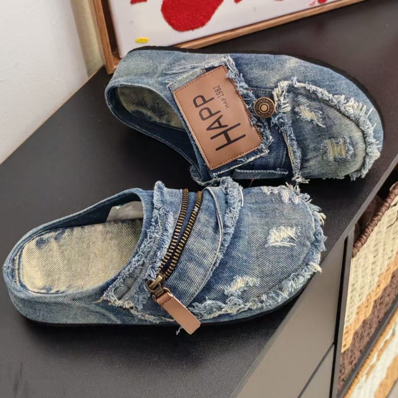 Espadrille Slip On - Washed Denim Metal Toe Flat Heel