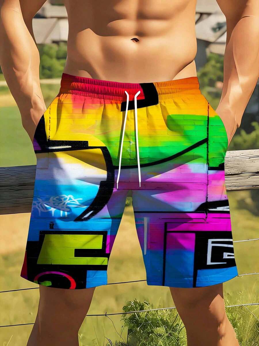 Mens Rainbow Graffiti Print Sw - Swim Trunk Quick Dry avaliação e preço