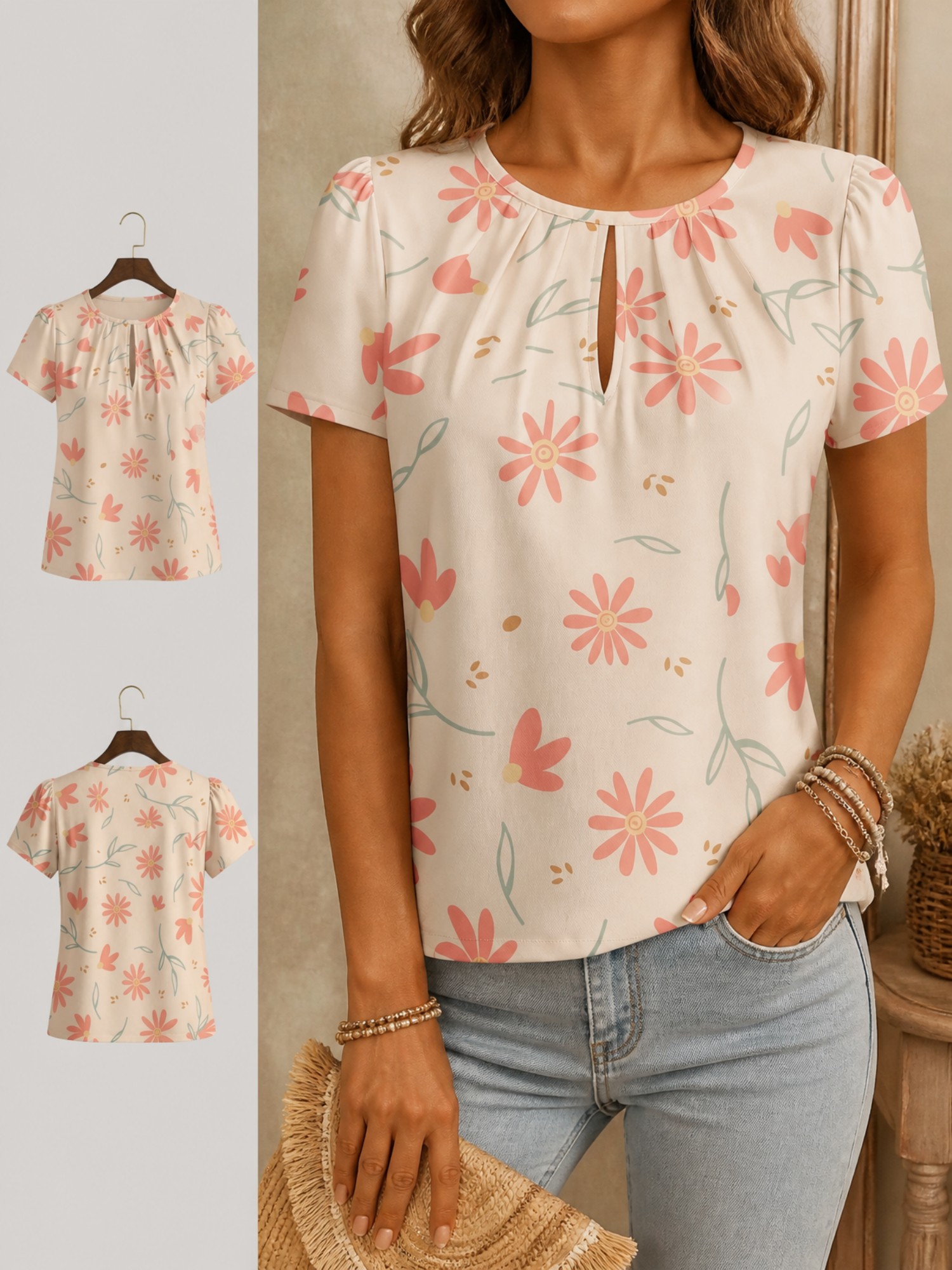 2026 New Women's Round Neck El - Resort Shirt Floral avaliação e preço