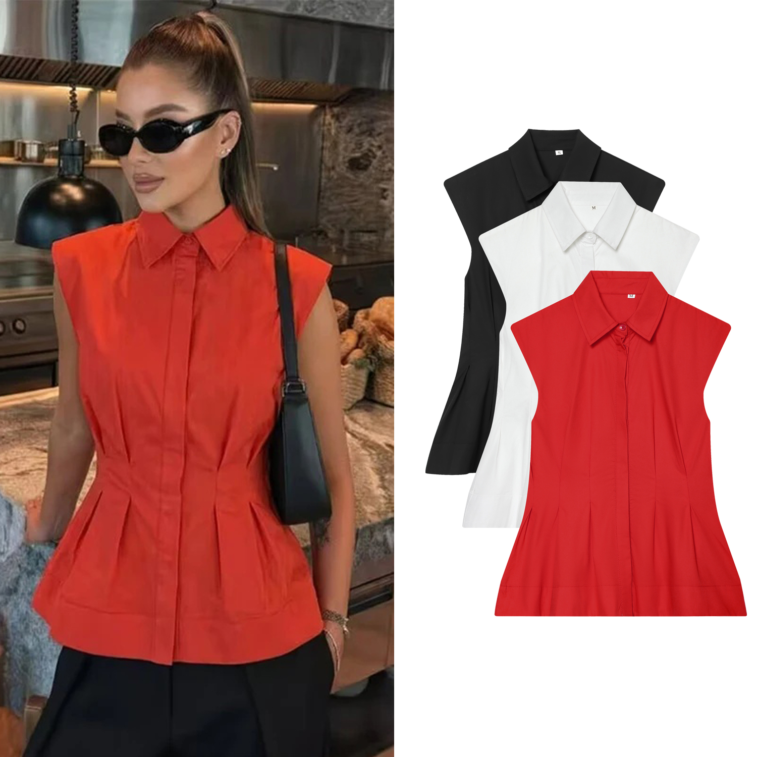 Women Casual Sleeveless Slim S - Shirt Camp Collar avaliação e preço