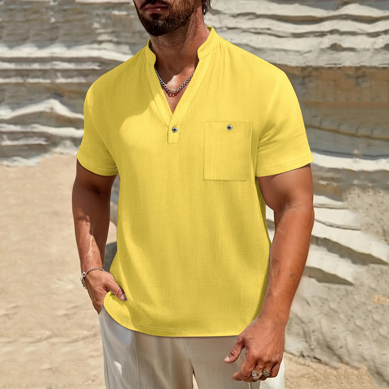 Men's Cotton Linen Henley Shir - Linen Shirt Breathable avaliação e preço