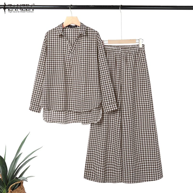 ZANZEA Women's Gingham Pant Su - Shirt Camp Collar avaliação e preço
