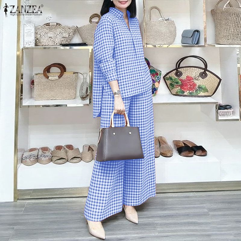 ZANZEA Women's Gingham Pant Su - Shirt Camp Collar avaliação e preço