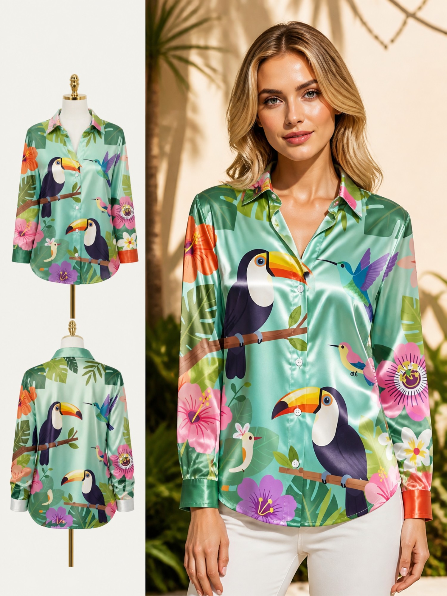 Mint Toucan Satin Button Shirt - Resort Shirt Floral avaliação e preço