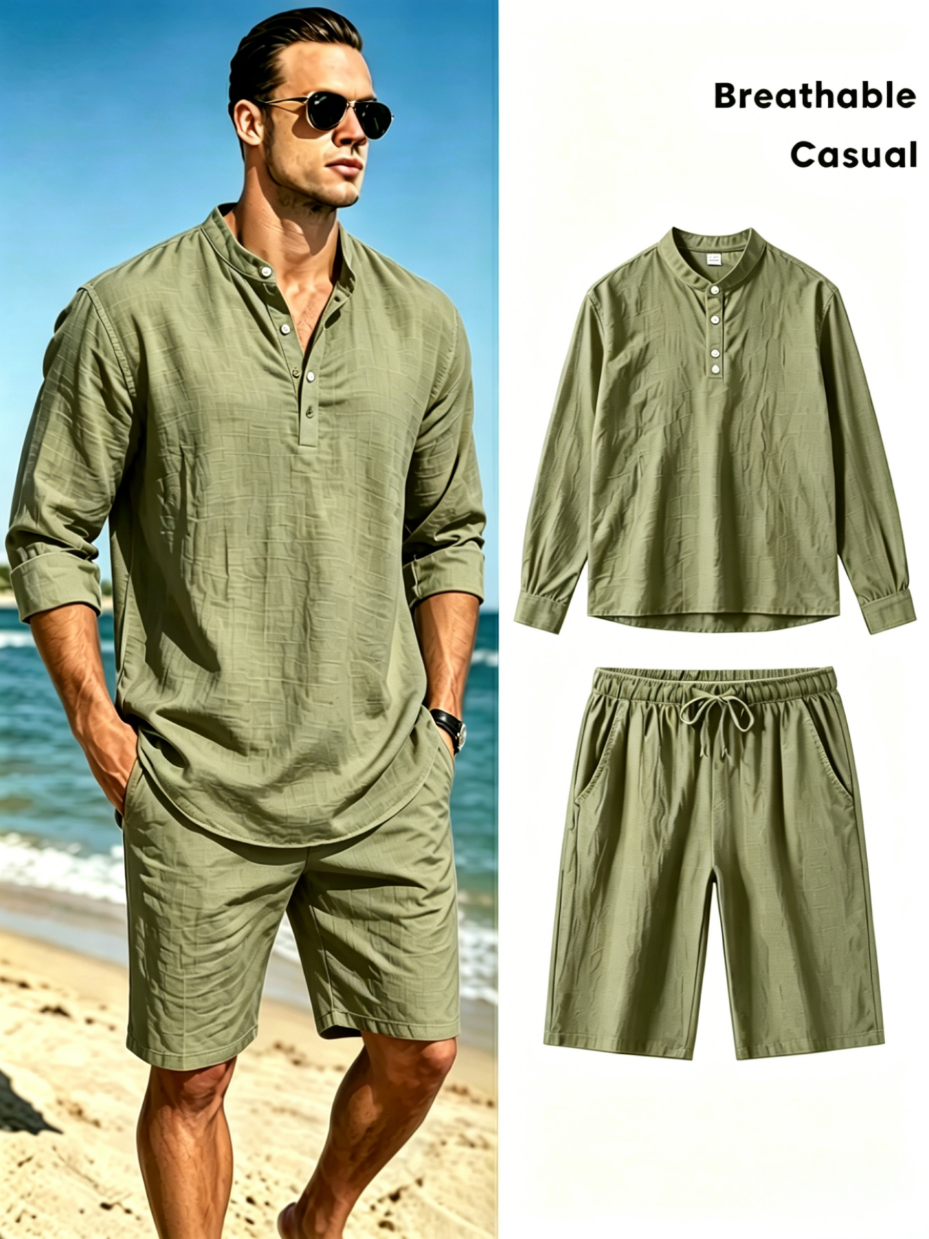 mens cotton linen henley shirt - Short Linen Drawstring avaliação e preço