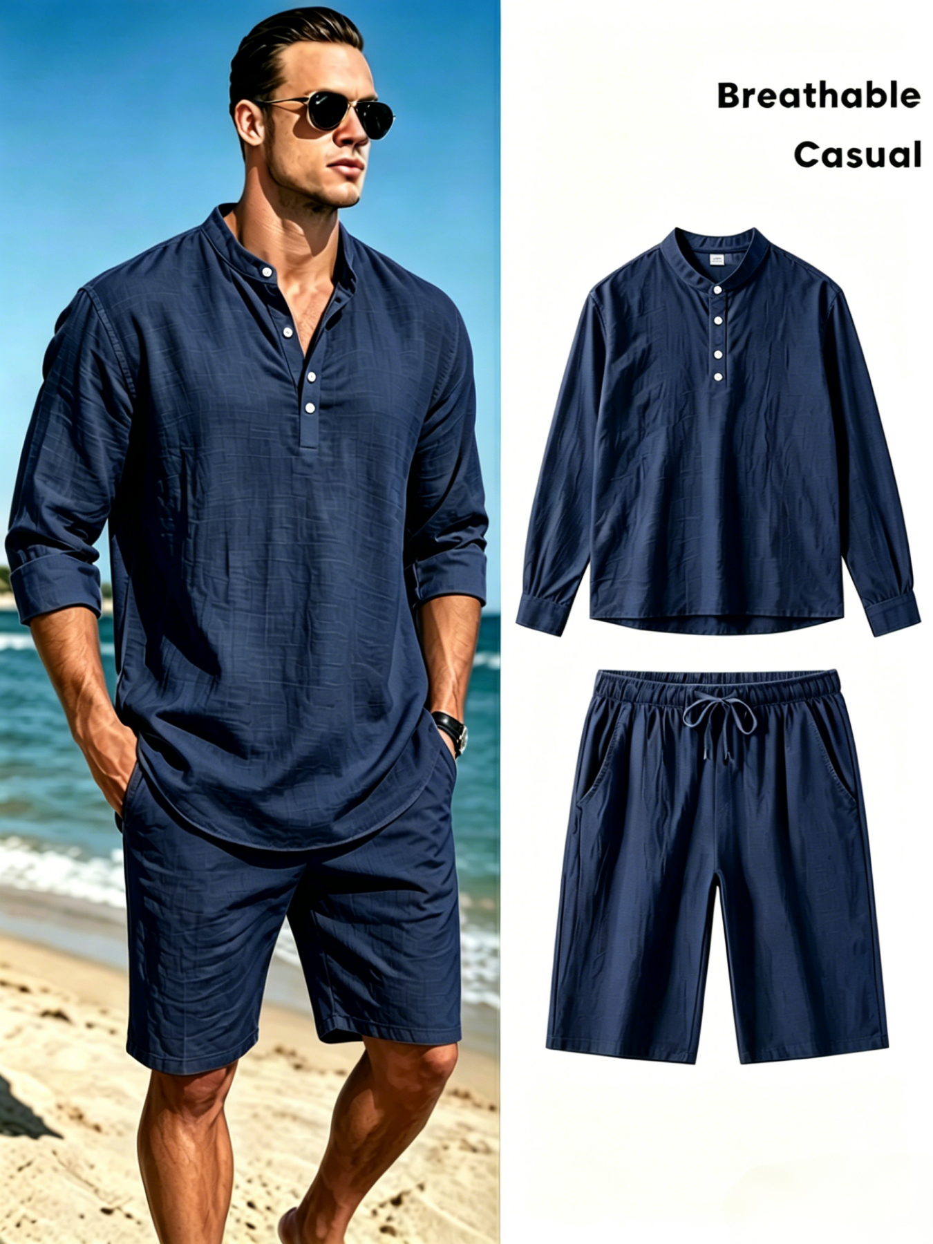 mens cotton linen henley shirt - Short Linen Drawstring avaliação e preço