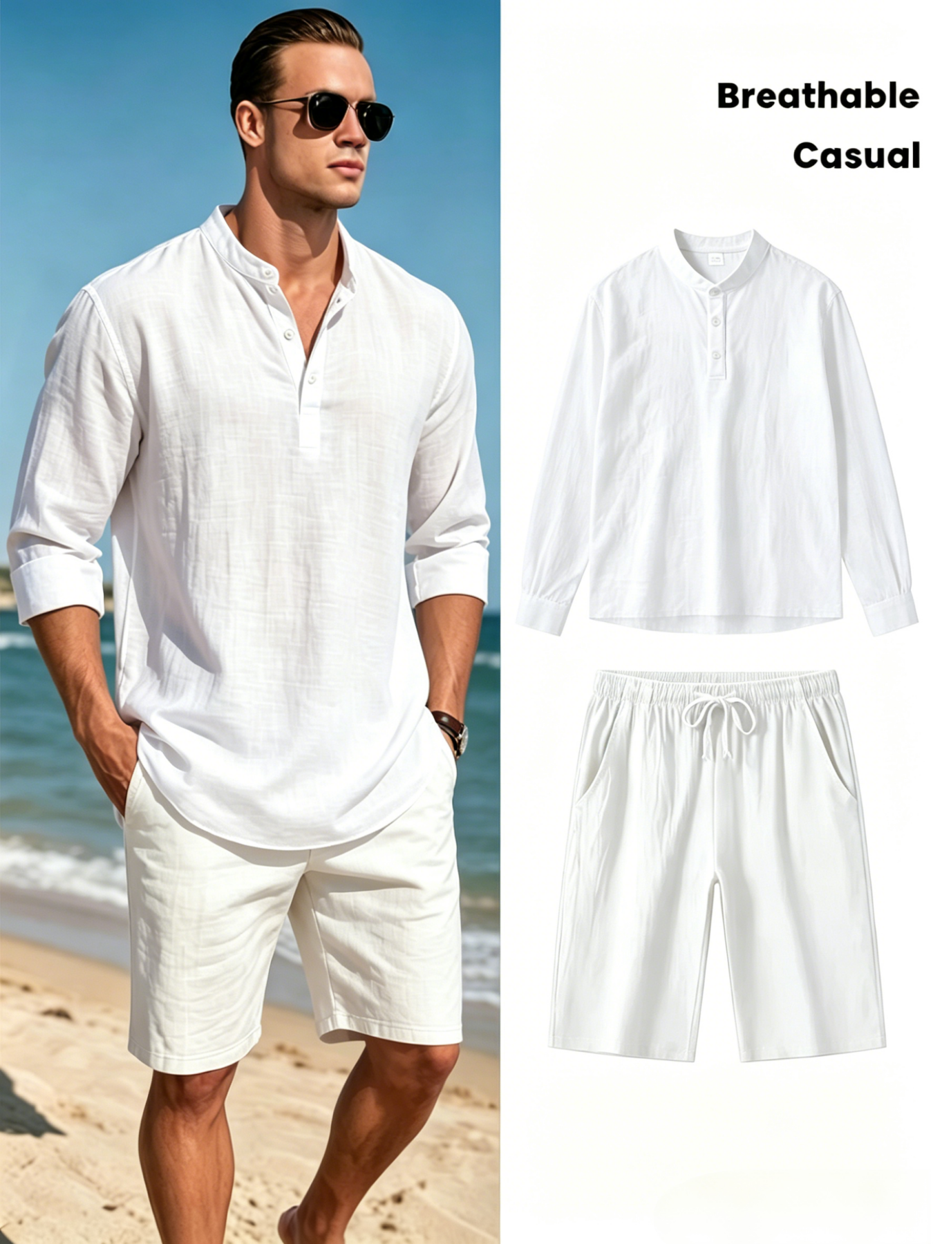 mens cotton linen henley shirt - Short Linen Drawstring avaliação e preço