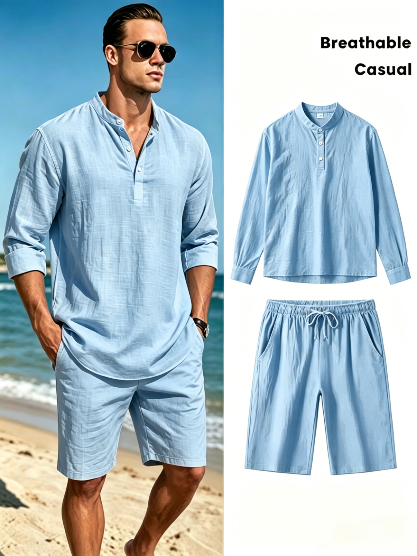mens cotton linen henley shirt - Short Linen Drawstring avaliação e preço