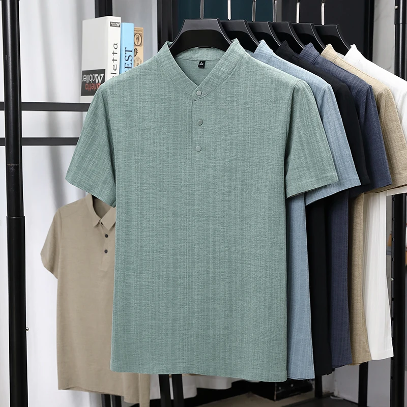 Mens Mandarin Collar Half Plac - Linen Shirt Breathable avaliação e preço
