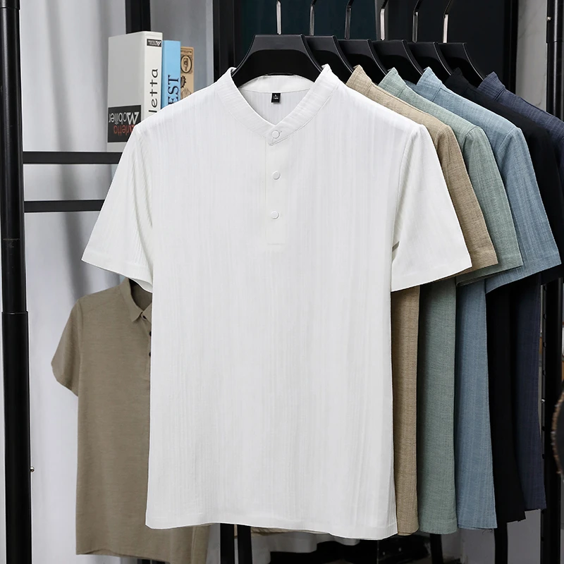 Mens Mandarin Collar Half Plac - Linen Shirt Breathable avaliação e preço