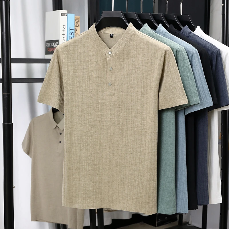 Mens Mandarin Collar Half Plac - Linen Shirt Breathable avaliação e preço