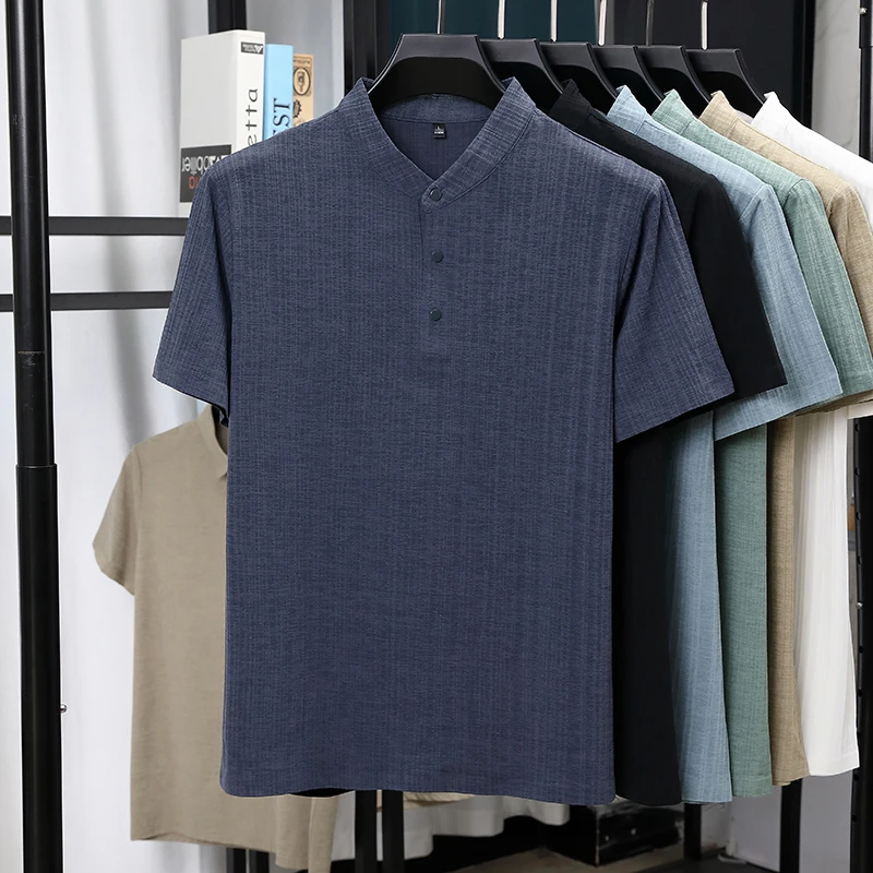 Mens Mandarin Collar Half Plac - Linen Shirt Breathable avaliação e preço