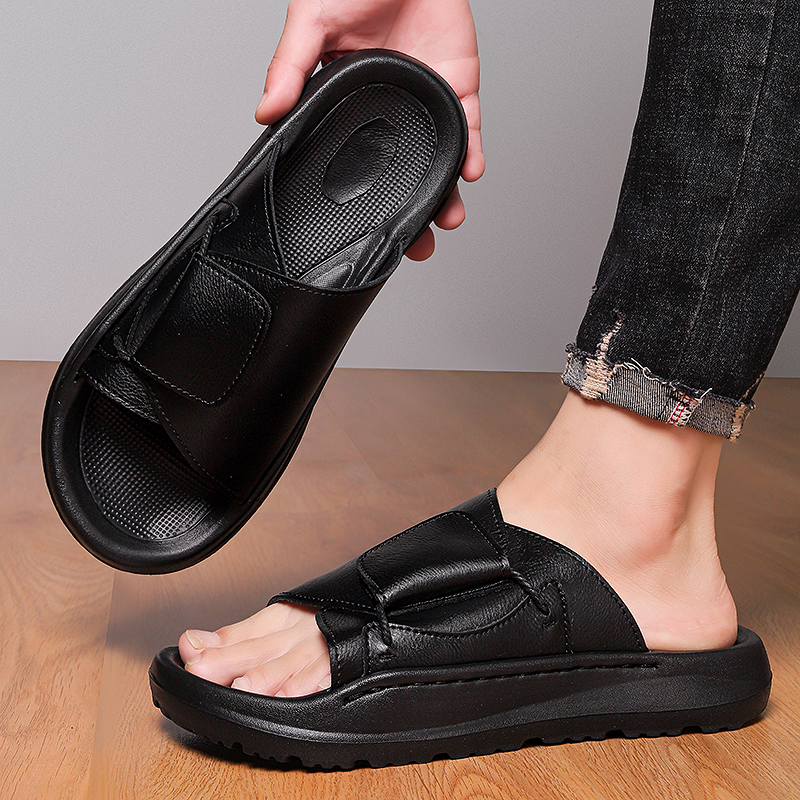Leather Men's Slippers Slides  - Flip Flop Leather Men avaliação e preço