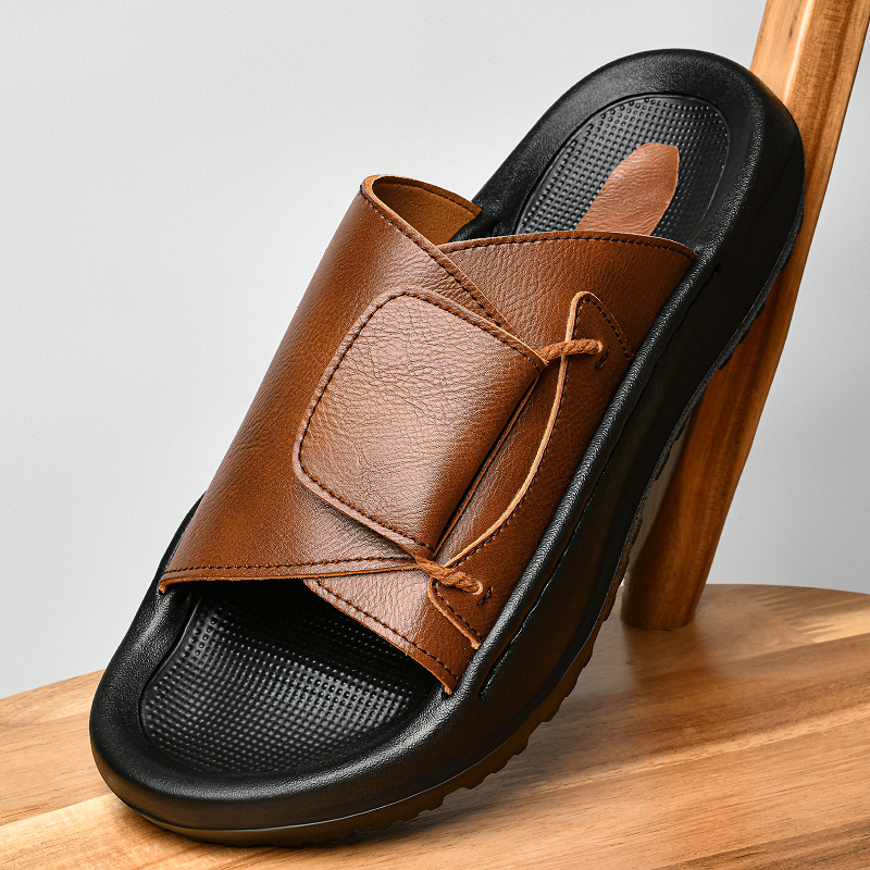 Leather Men's Slippers Slides  - Flip Flop Leather Men avaliação e preço