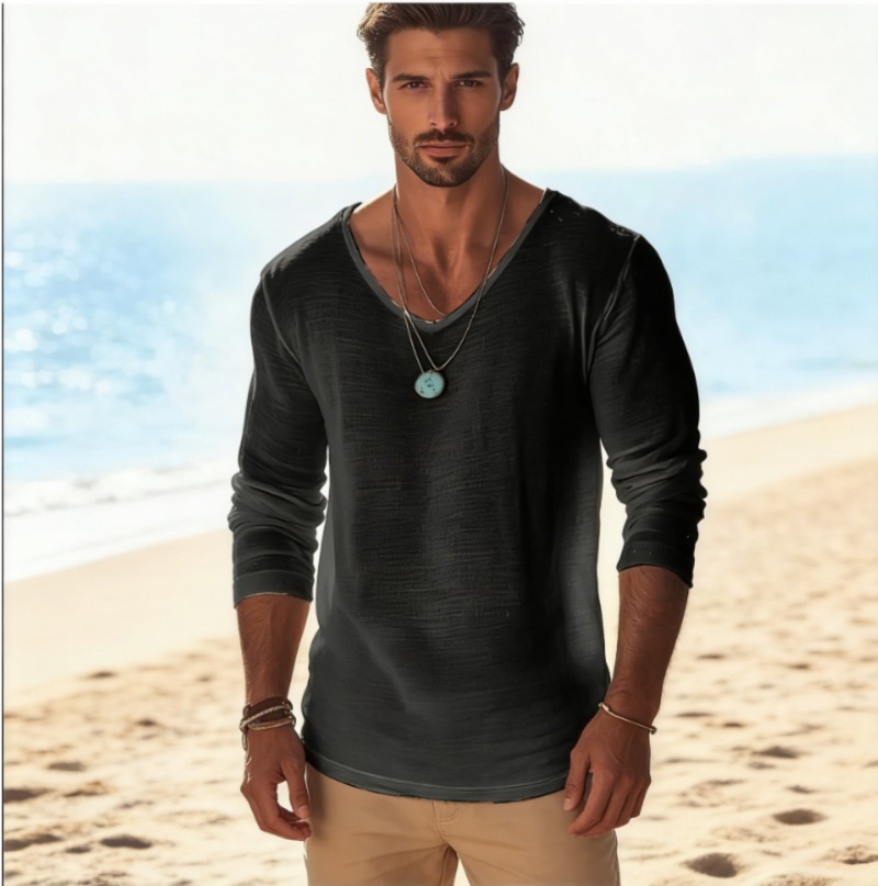 Men's Casual V-Neck Linen Blen - Linen Shirt Breathable avaliação e preço