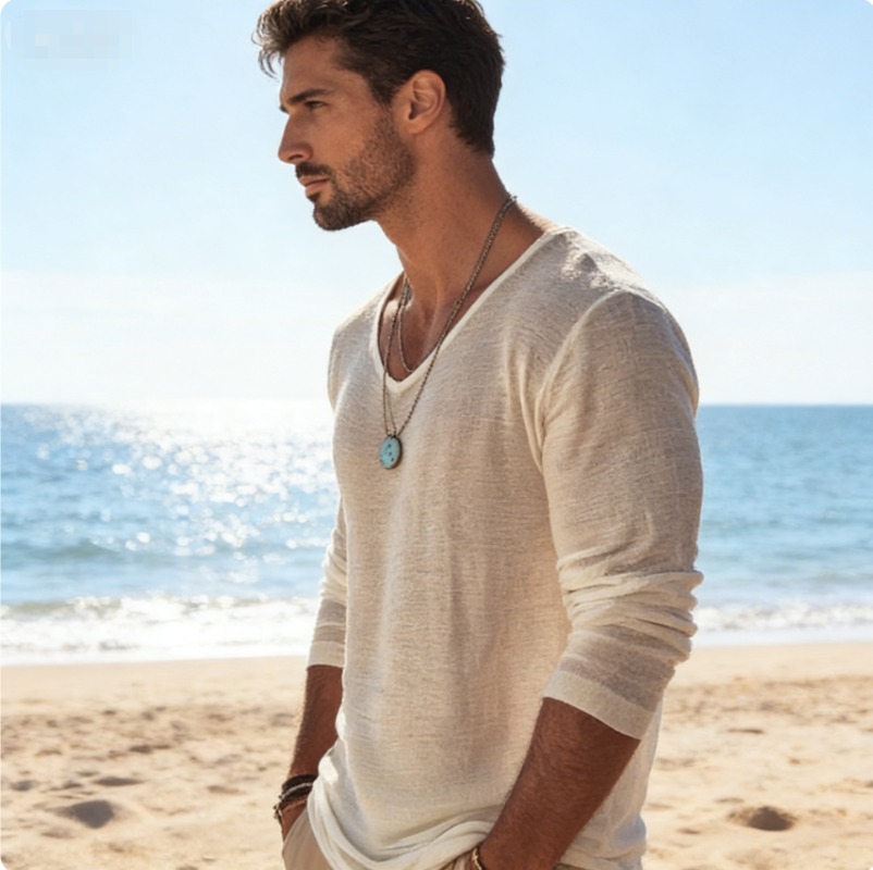 Men's Casual V-Neck Linen Blen - Linen Shirt Breathable avaliação e preço