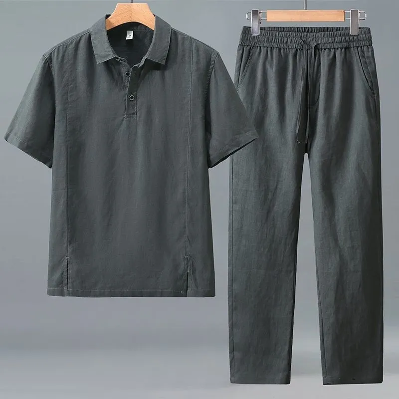 Men Plus Size Summer Linen Two - Short Linen Drawstring avaliação e preço