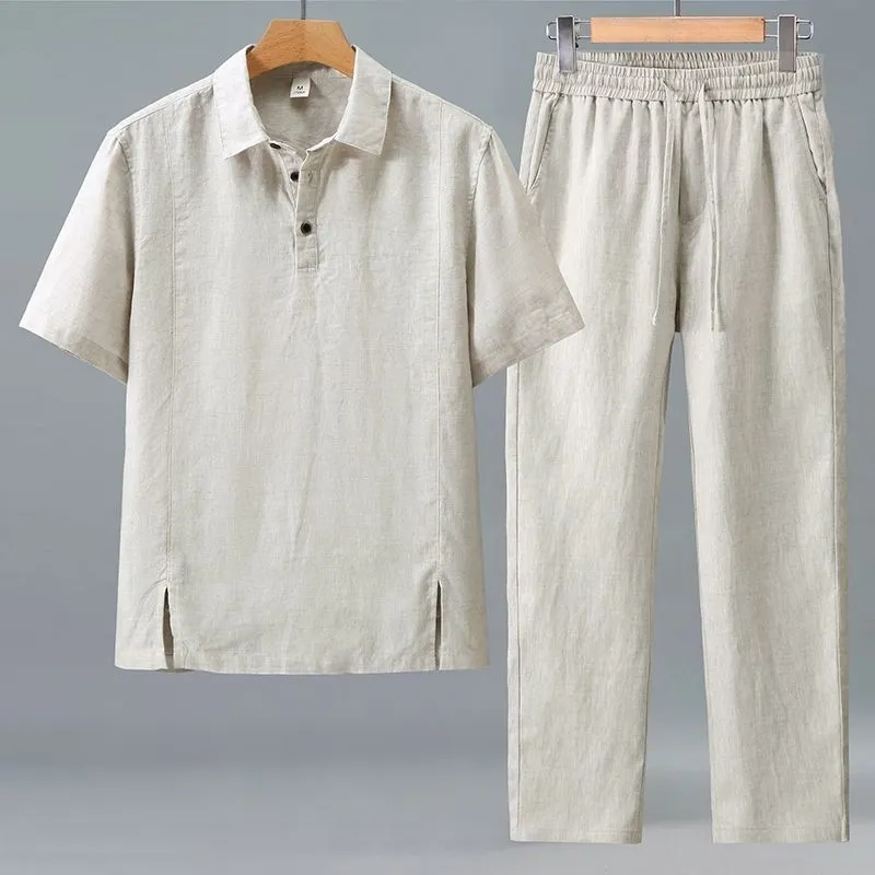 Men Plus Size Summer Linen Two - Short Linen Drawstring avaliação e preço