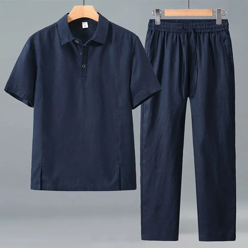 Men Plus Size Summer Linen Two - Short Linen Drawstring avaliação e preço