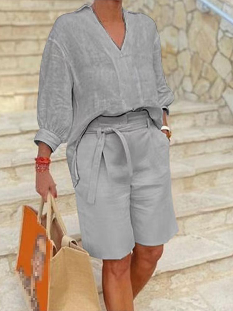 Women Suits Elegant Style Two  - Linen Shirt Breathable avaliação e preço
