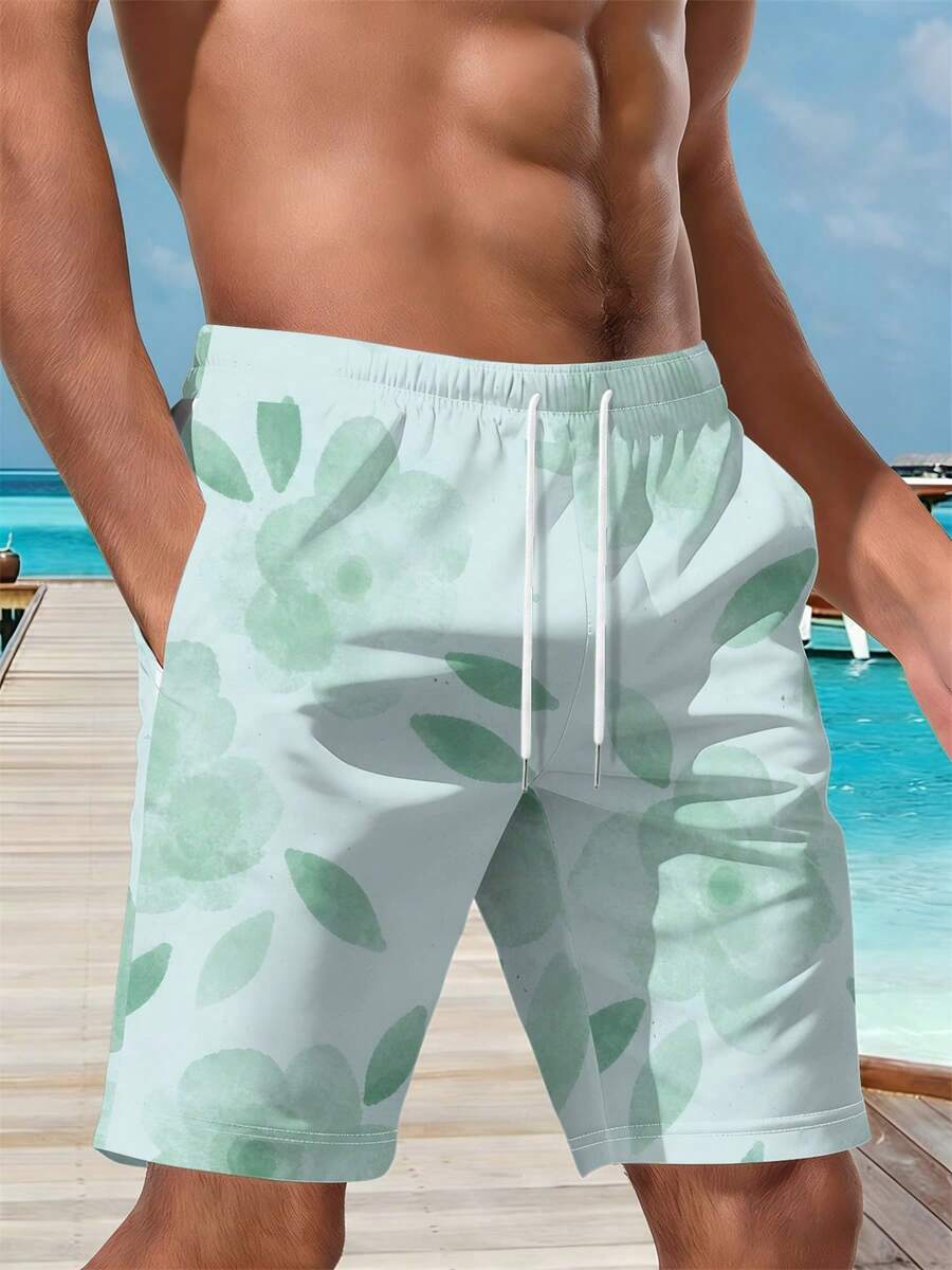 Mens Floral Print Beach Shorts - Swim Trunk Quick Dry avaliação e preço