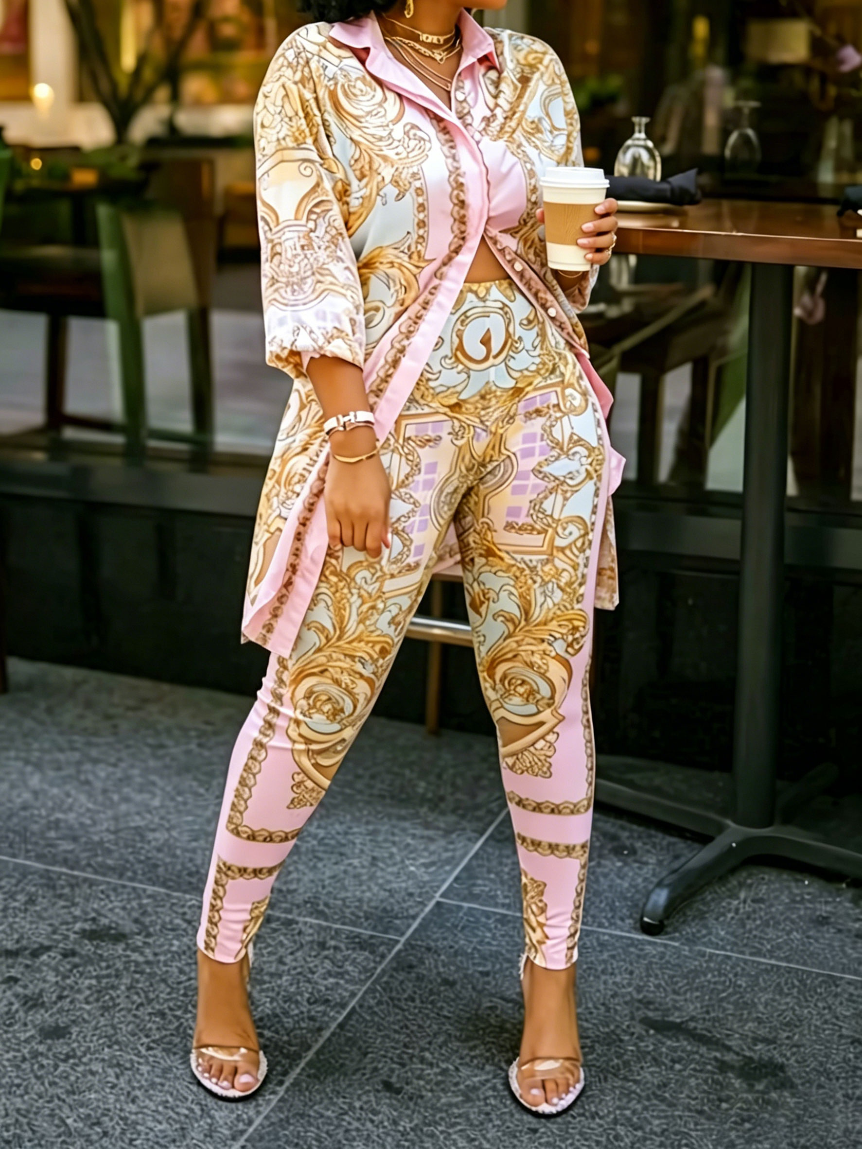 Women 2 Piece Set Ornate Print - Shirt Camp Collar avaliação e preço