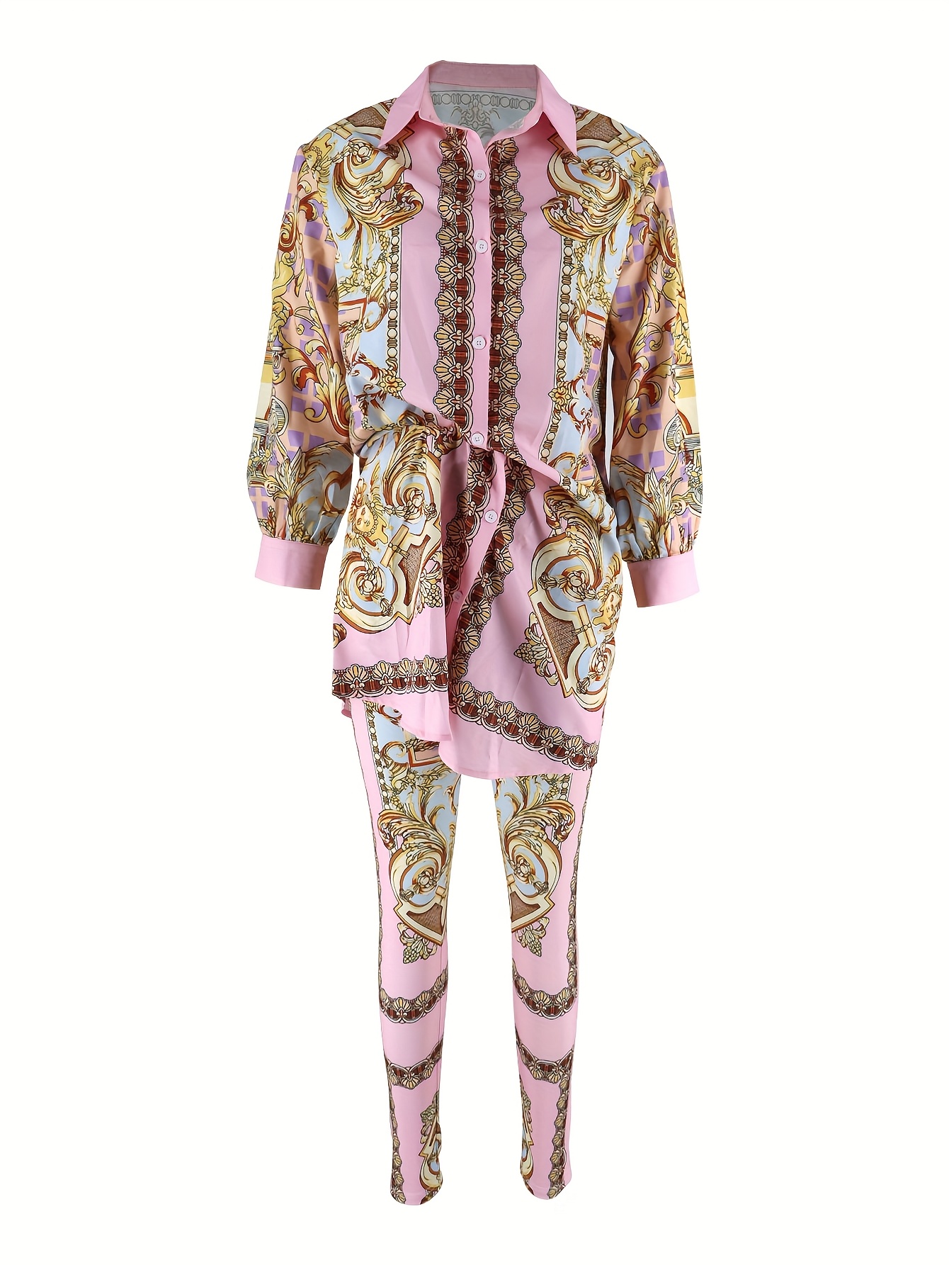 Women 2 Piece Set Ornate Print - Shirt Camp Collar avaliação e preço